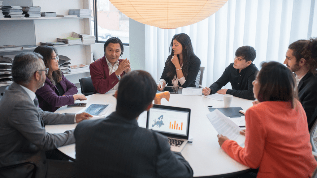 a group of people sitting around a table in an office