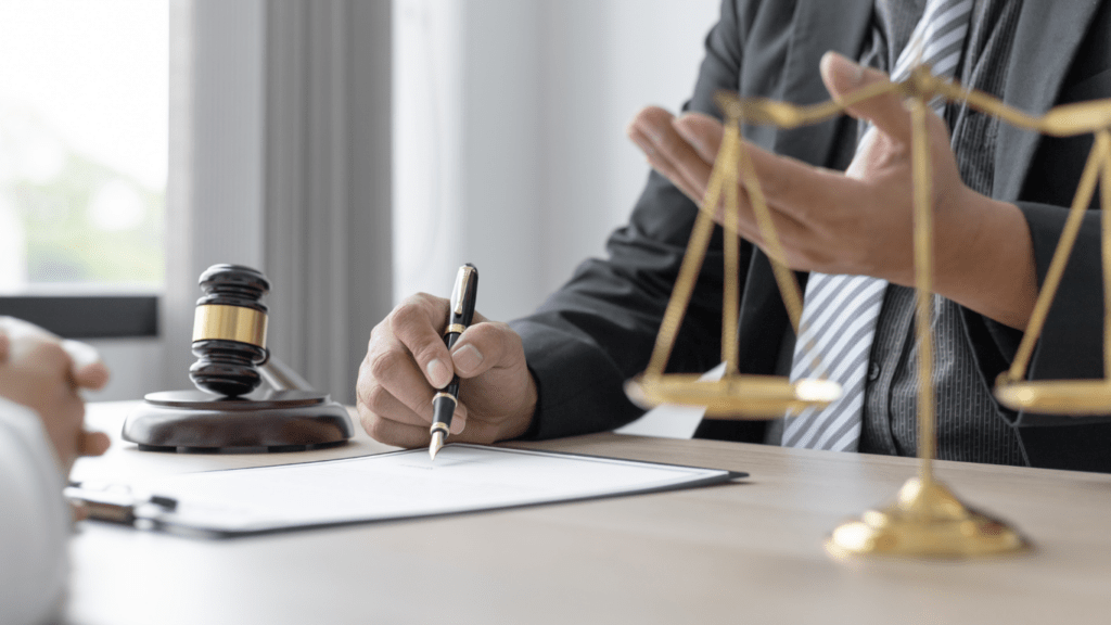 a lawyer sits at a desk with a gavel and scales of justice in front of them