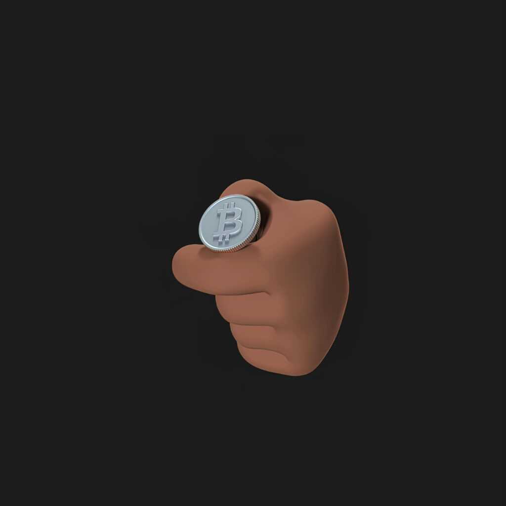 3D illustration of a hand holding a Bitcoin coin against a black background.